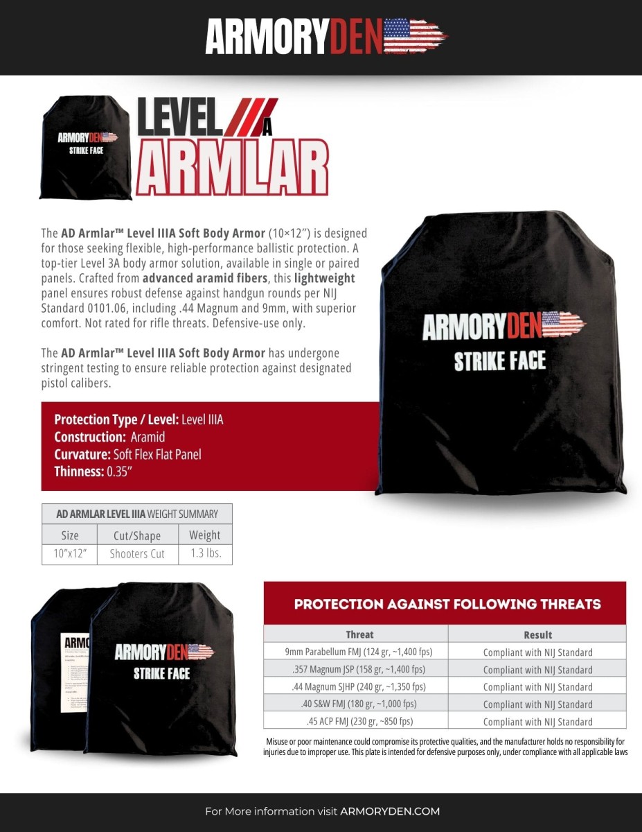 AD Armlar™ - Comfortable Level IIIA Soft Body Armor, SAPI Cut 10x12